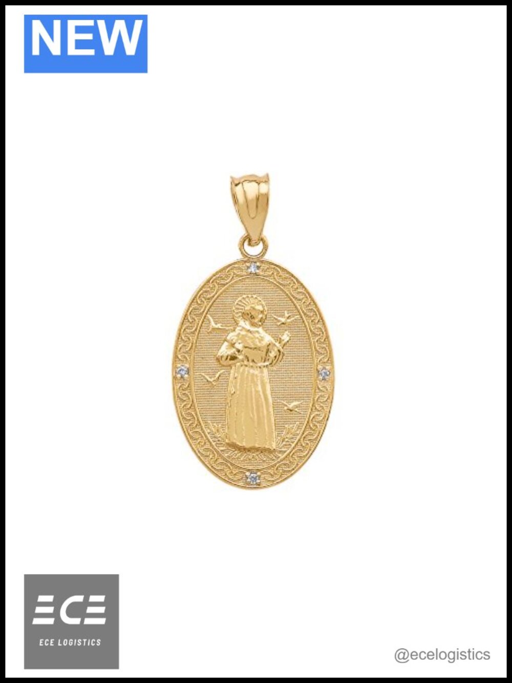 10k Gold St Francis of Assisi Diamond Oval Medal Charm Pendant Small